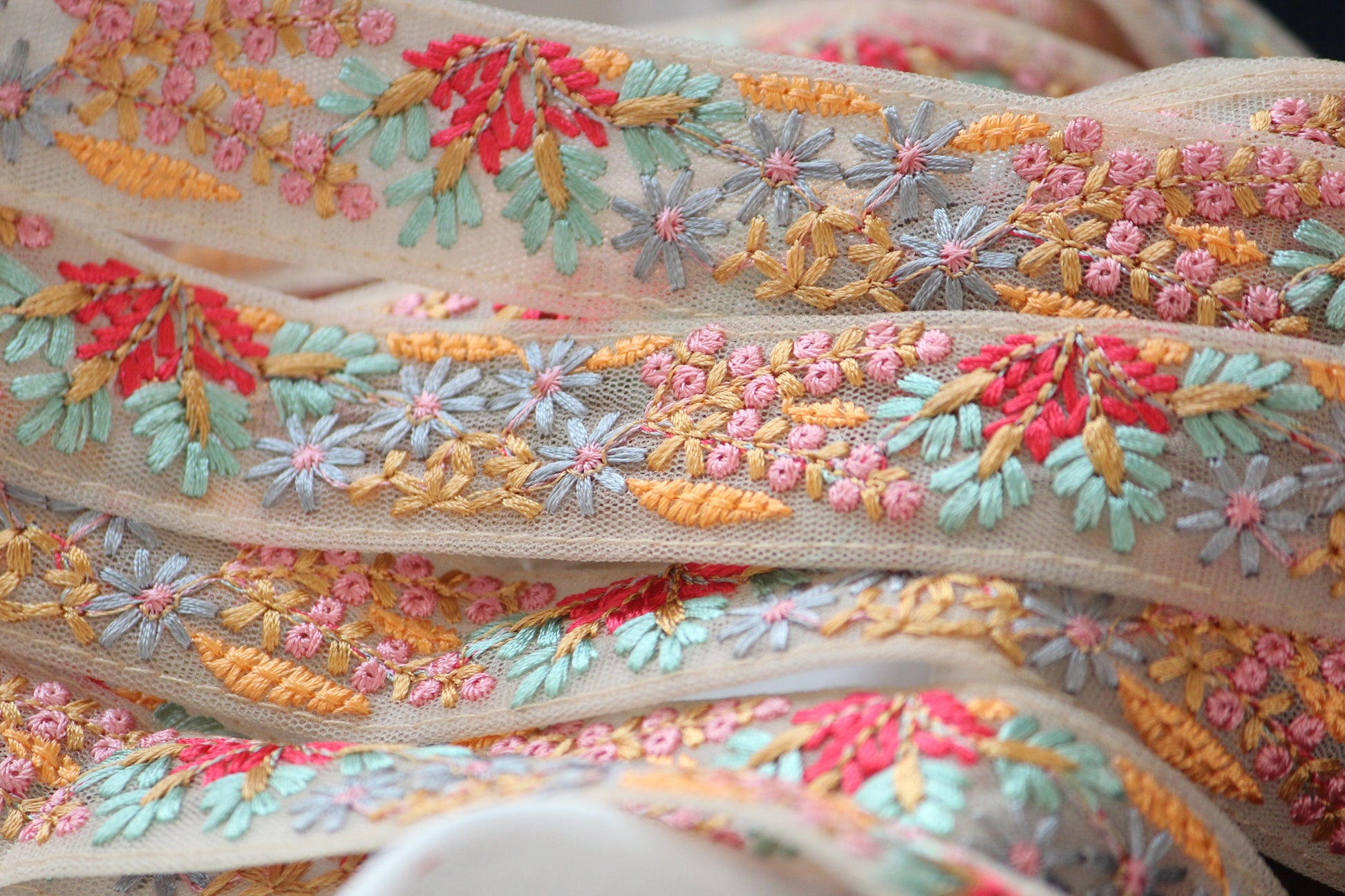 1 yard-Delicate pastel mini floral thread embroidery ribbon/ mesh fabric-baby pink, yellow, aqua, fuchsia thread embroidery ribbons for bow