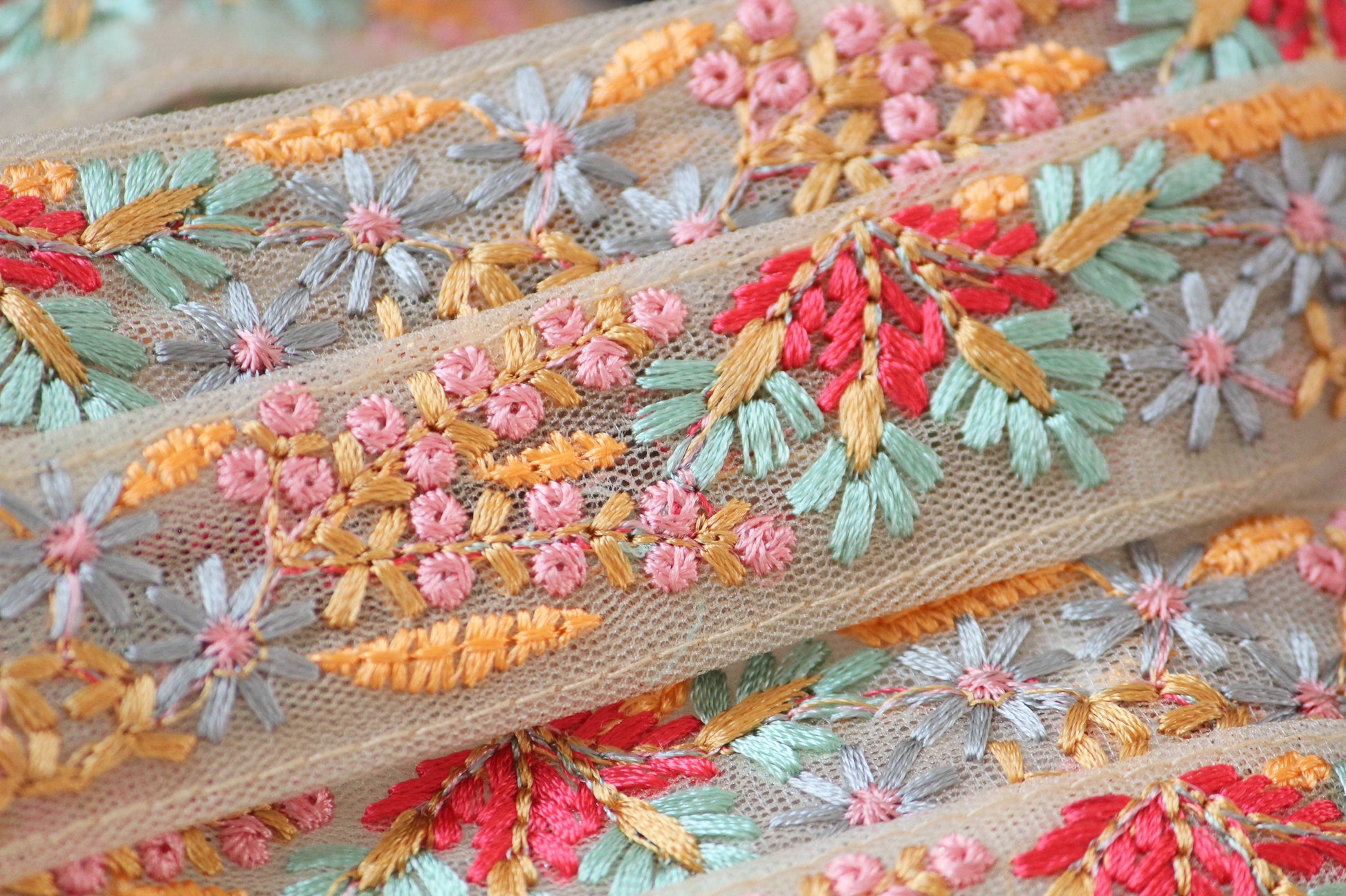 1 yard-Delicate pastel mini floral thread embroidery ribbon/ mesh fabric-baby pink, yellow, aqua, fuchsia thread embroidery ribbons for bow