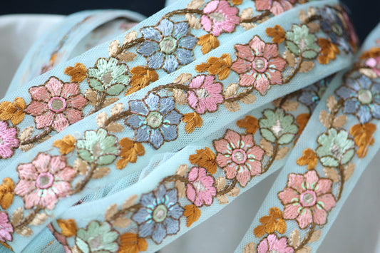 1 yard-Mint pastel floral thread embroidery ribbon/mesh fabric-baby pink, peach, aqua blue, brown cream-ribbons for bow-wedding bouquet