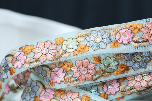 1 yard-Mint pastel floral thread embroidery ribbon/mesh fabric-baby pink, peach, aqua blue, brown cream-ribbons for bow-wedding bouquet