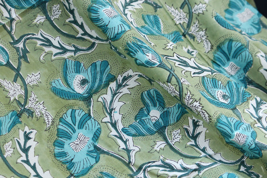 1 yard-green big floral motif hand printed cotton fabric-blue large flower print with green background-girls dress fabric/quilting/decor