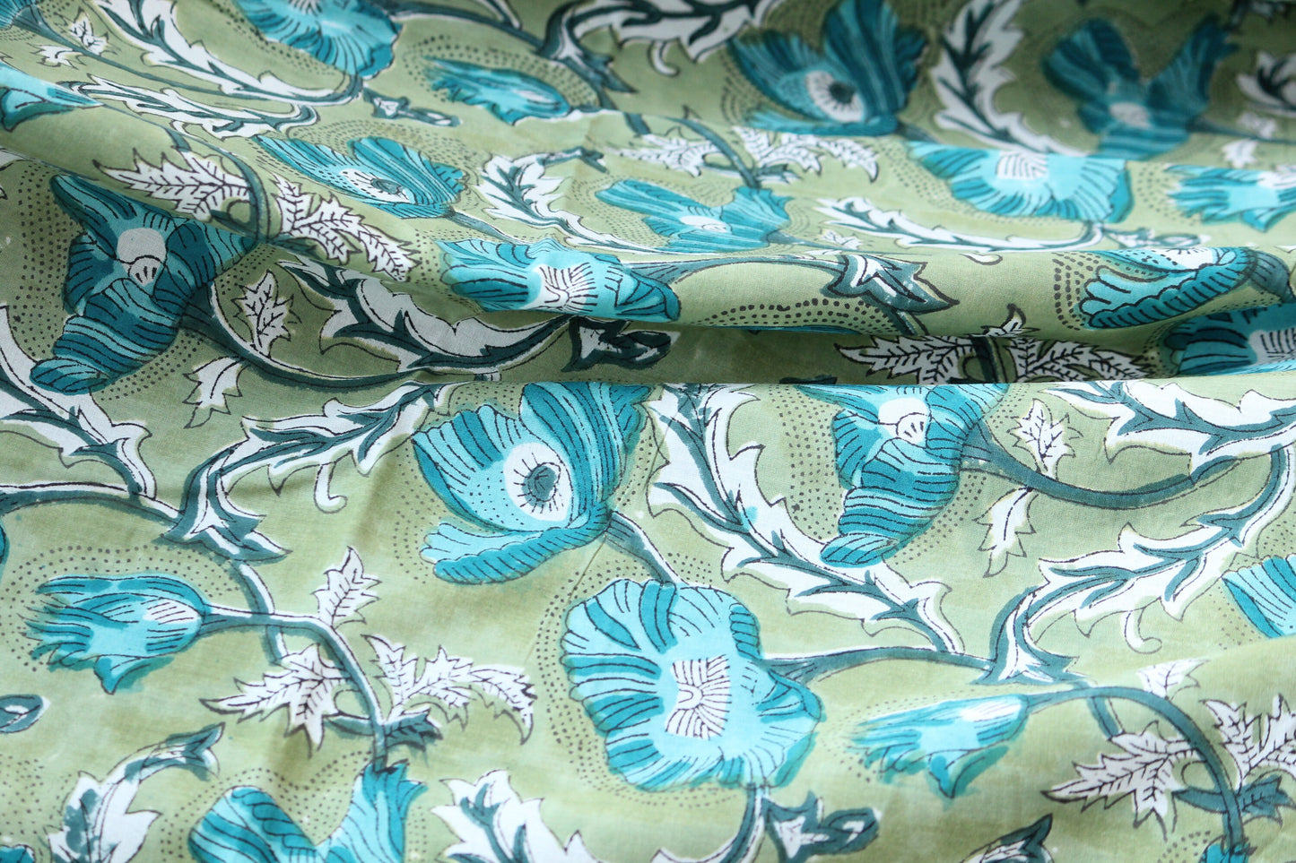 1 yard-green big floral motif hand printed cotton fabric-blue large flower print with green background-girls dress fabric/quilting/decor