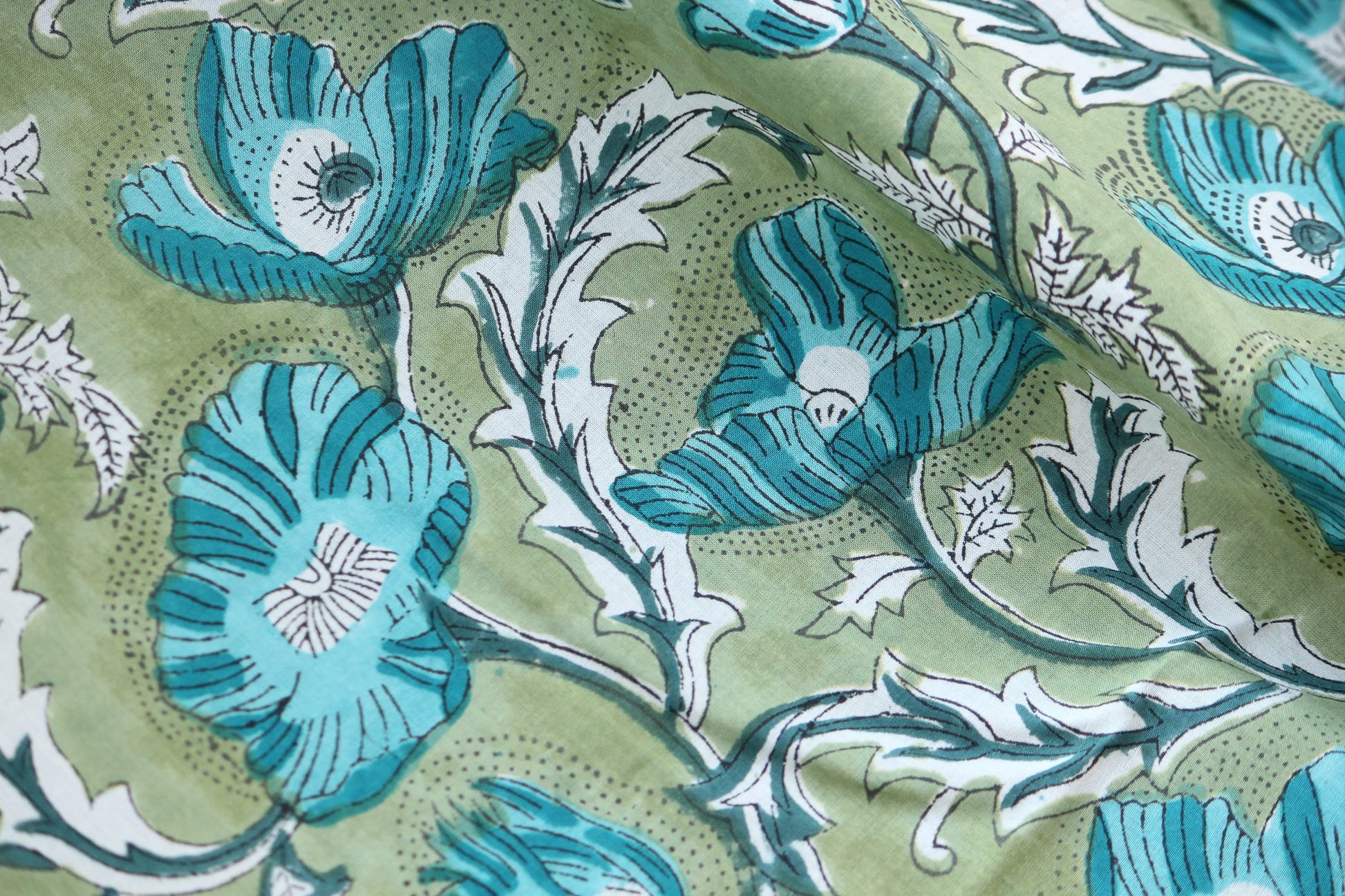 1 yard-green big floral motif hand printed cotton fabric-blue large flower print with green background-girls dress fabric/quilting/decor