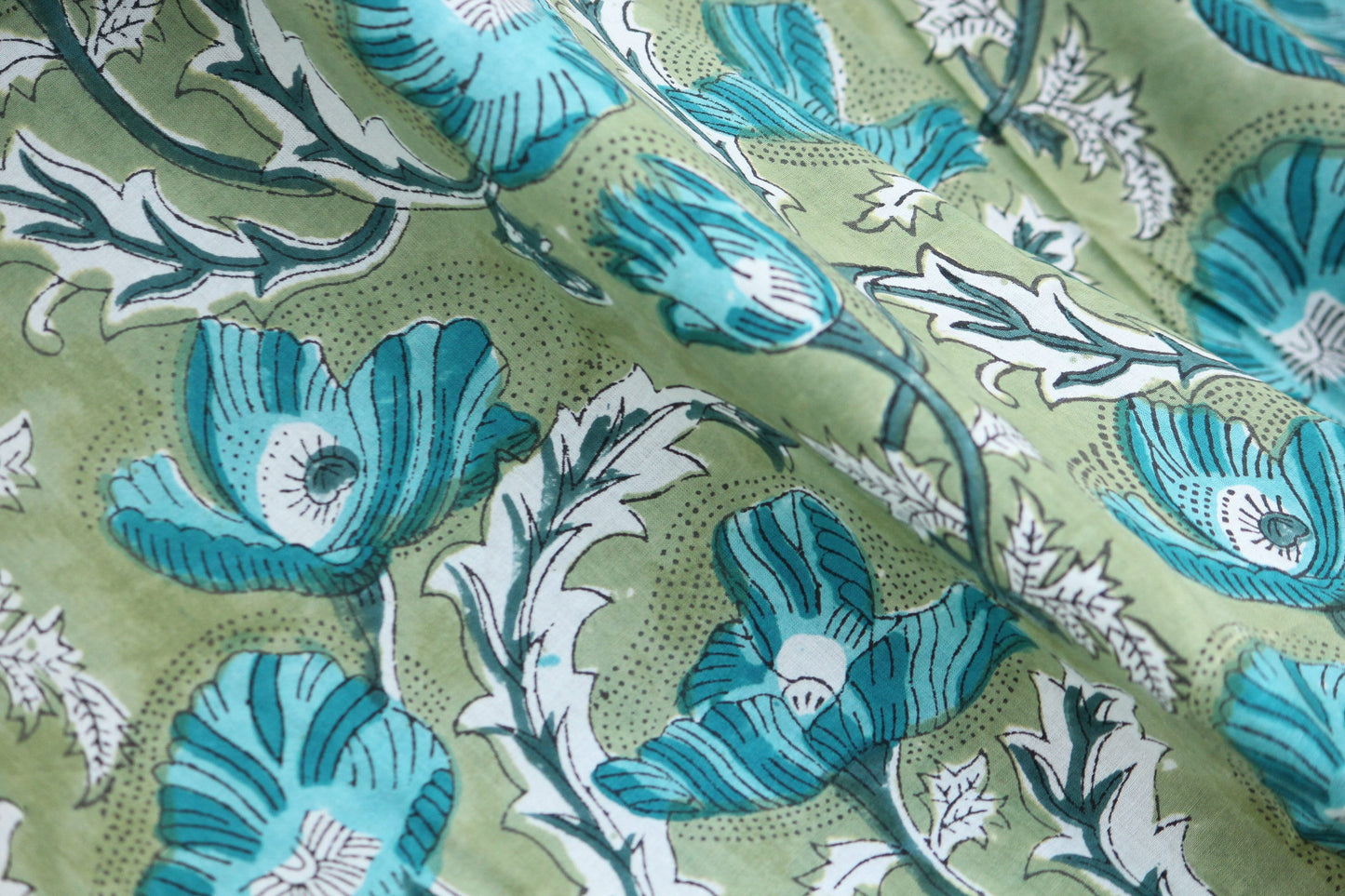 1 yard-green big floral motif hand printed cotton fabric-blue large flower print with green background-girls dress fabric/quilting/decor