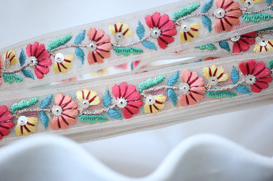 1 yard-Red and peach pink floral thread embroidery ribbon on mesh fabric-peach pink, red, yellow aqua blue, green-sequin highlights