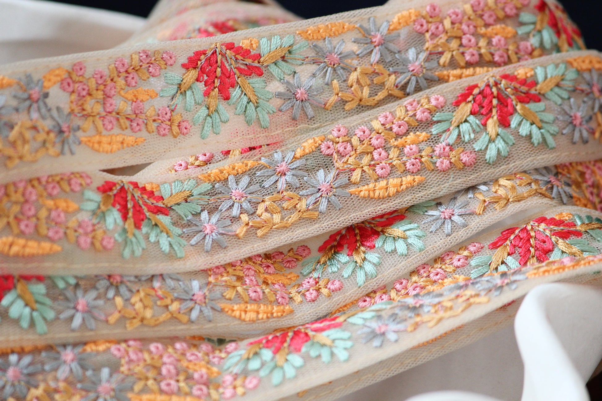 1 yard-Delicate pastel mini floral thread embroidery ribbon/ mesh fabric-baby pink, yellow, aqua, fuchsia thread embroidery ribbons for bow