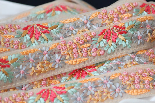 1 yard-Delicate pastel mini floral thread embroidery ribbon/ mesh fabric-baby pink, yellow, aqua, fuchsia thread embroidery ribbons for bow