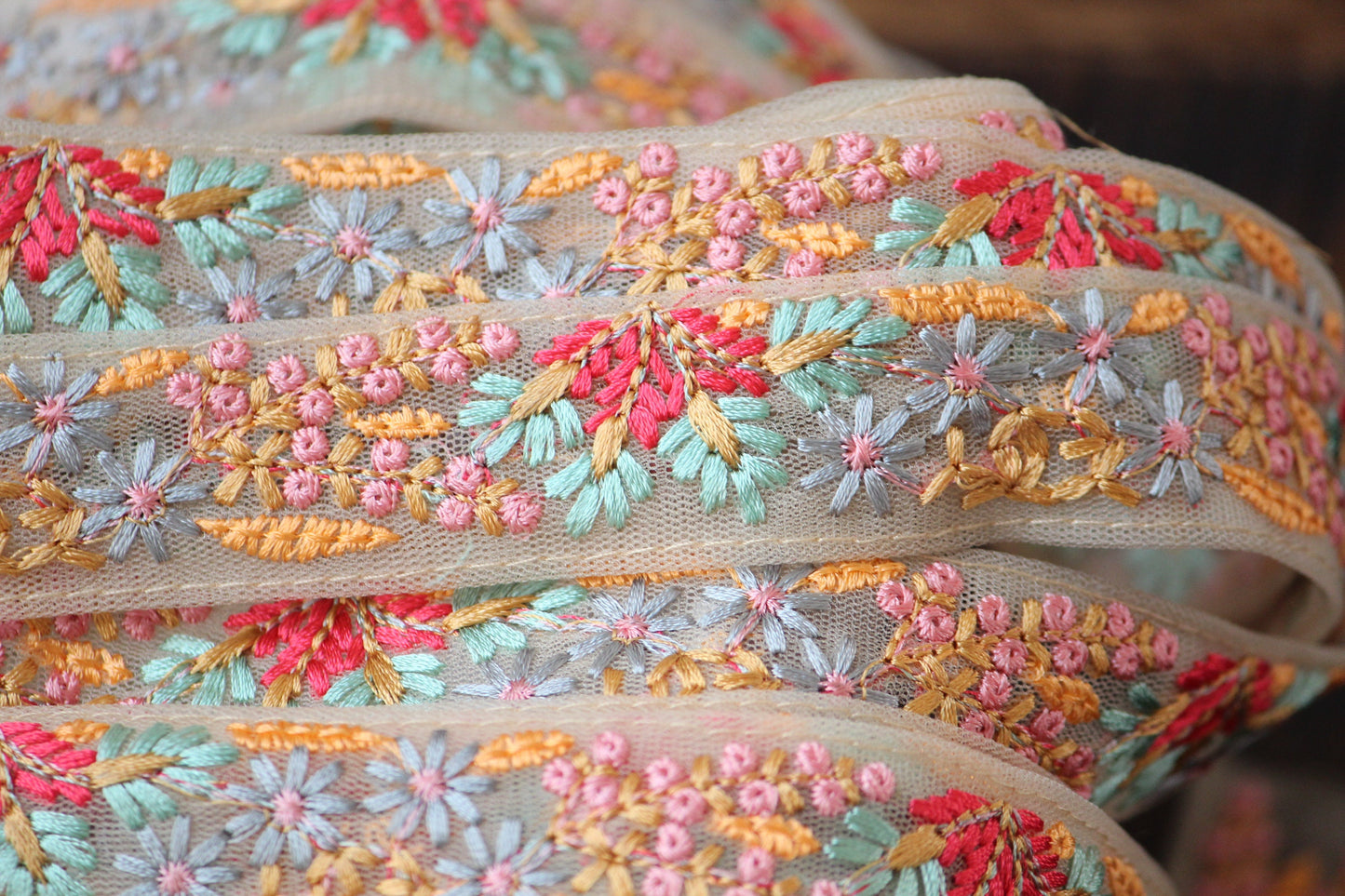 1 yard-Delicate pastel mini floral thread embroidery ribbon/ mesh fabric-baby pink, yellow, aqua, fuchsia thread embroidery ribbons for bow