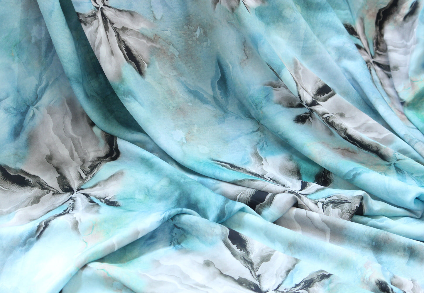 1 yard-Teal blue watercolor abstract print satin charmeuse- teal blue green painted background with black grey abstract pattern satin-decor