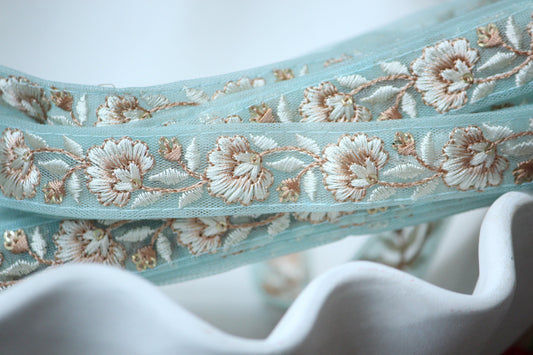 1 yard-Aqua pastel ivory floral thread embroidery ribbon/mesh fabric-bridal ivory blue thread embroidery ribbons for bow-wedding bouquet