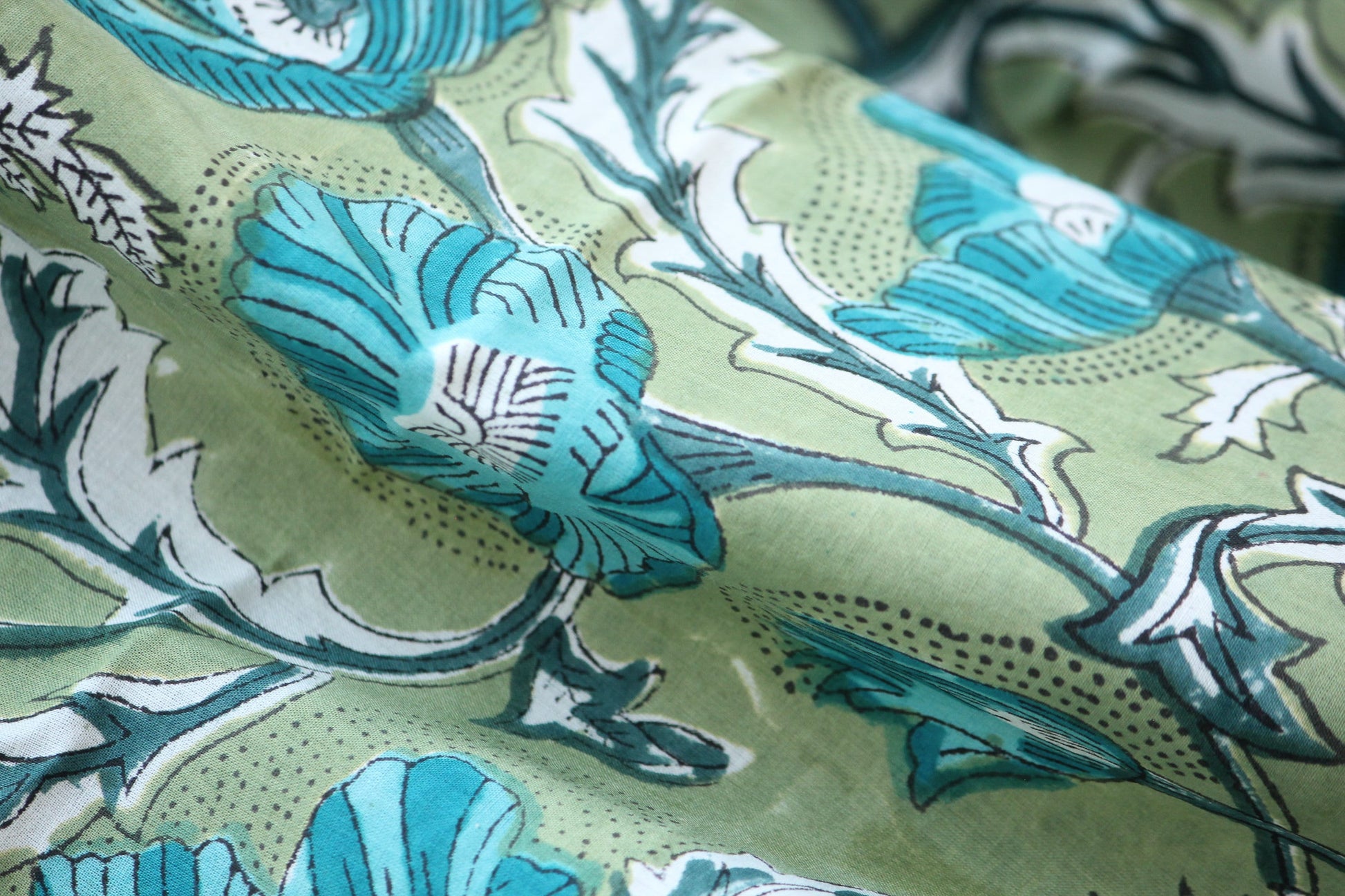 1 yard-green big floral motif hand printed cotton fabric-blue large flower print with green background-girls dress fabric/quilting/decor