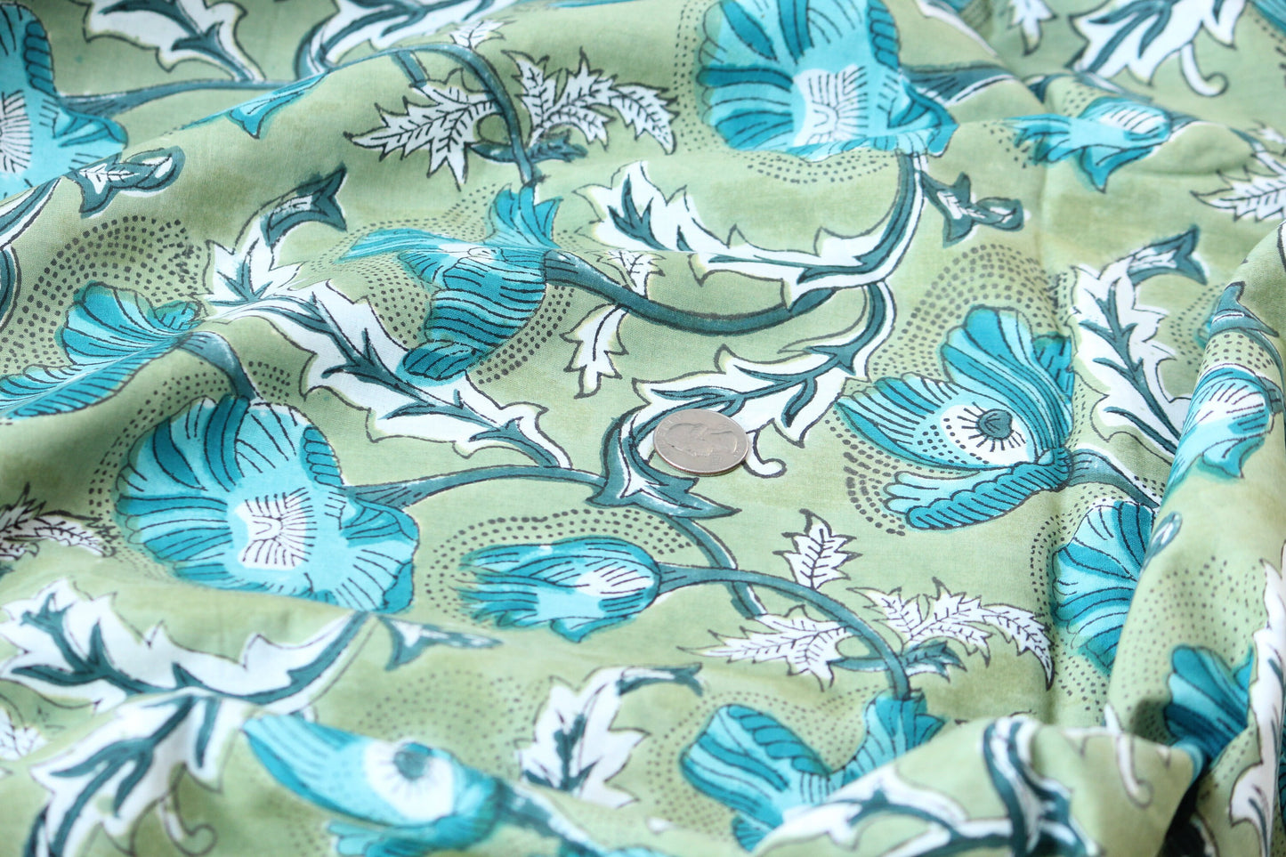 1 yard-green big floral motif hand printed cotton fabric-blue large flower print with green background-girls dress fabric/quilting/decor