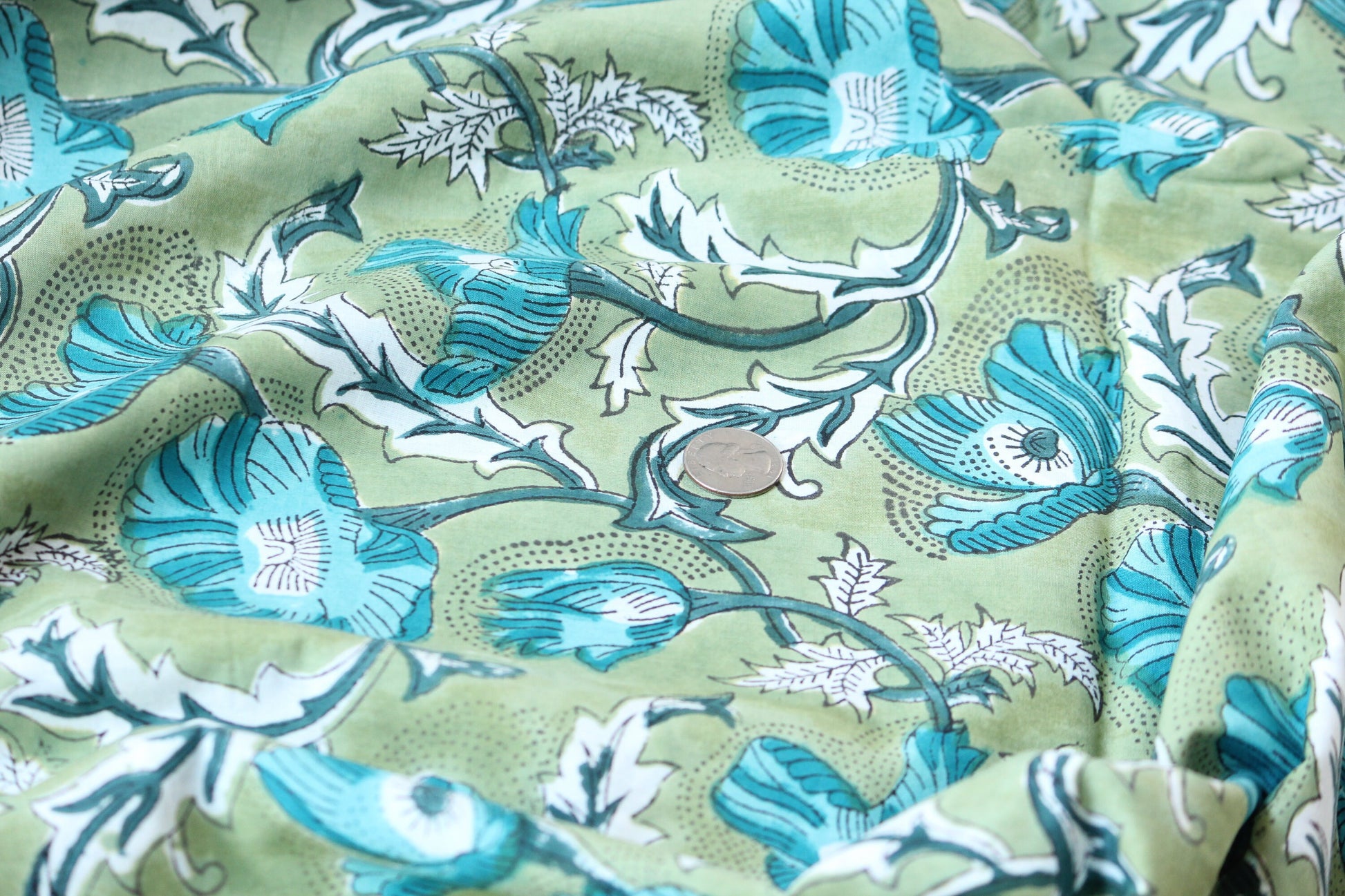 1 yard-green big floral motif hand printed cotton fabric-blue large flower print with green background-girls dress fabric/quilting/decor