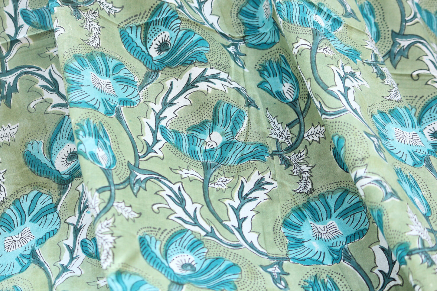 1 yard-green big floral motif hand printed cotton fabric-blue large flower print with green background-girls dress fabric/quilting/decor