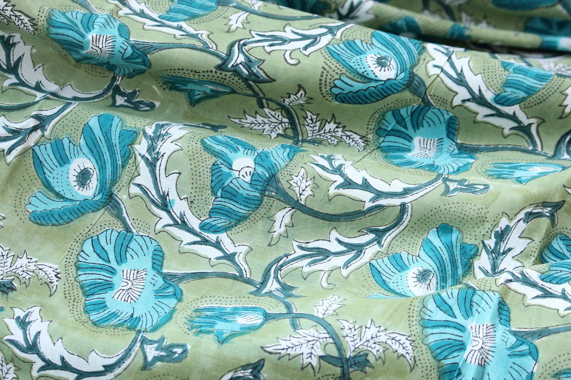 1 yard-green big floral motif hand printed cotton fabric-blue large flower print with green background-girls dress fabric/quilting/decor