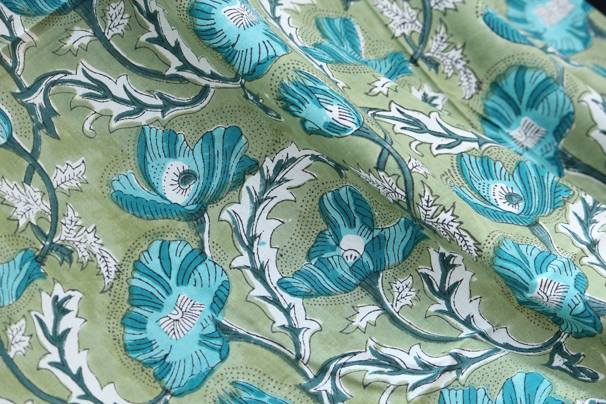 1 yard-green big floral motif hand printed cotton fabric-blue large flower print with green background-girls dress fabric/quilting/decor