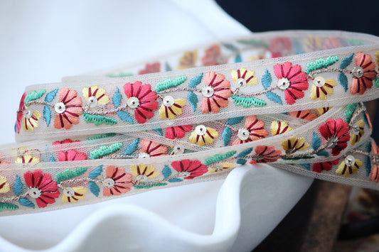 1 yard-Red and peach pink floral thread embroidery ribbon on mesh fabric-peach pink, red, yellow aqua blue, green-sequin highlights