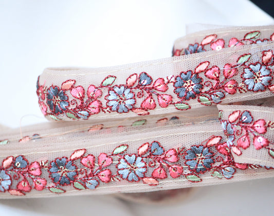 1 yard-Blue grey, blue and rose pink floral thread embroidery ribbon on nude mesh fabric-bow making ribbon/bag handle trim/indian colorful