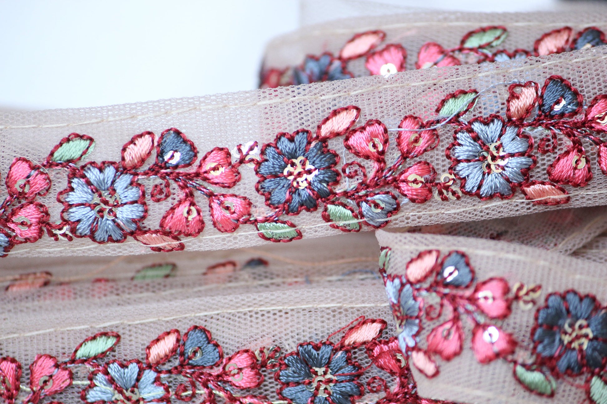 1 yard-Blue grey, blue and rose pink floral thread embroidery ribbon on nude mesh fabric-bow making ribbon/bag handle trim/indian colorful