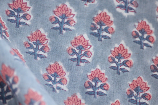 1 yard-Dove grey floral motif hand printed cotton fabric-salmon flower motif with grey background-girls dress fabric/quilting/decor