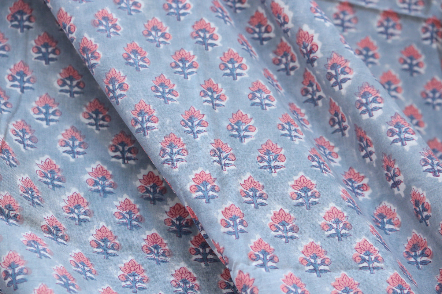 1 yard-Dove grey floral motif hand printed cotton fabric-salmon flower motif with grey background-girls dress fabric/quilting/decor