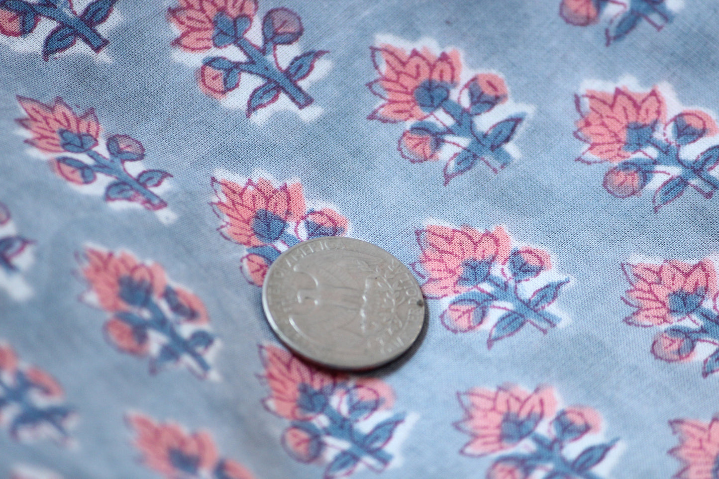 1 yard-Dove grey floral motif hand printed cotton fabric-salmon flower motif with grey background-girls dress fabric/quilting/decor