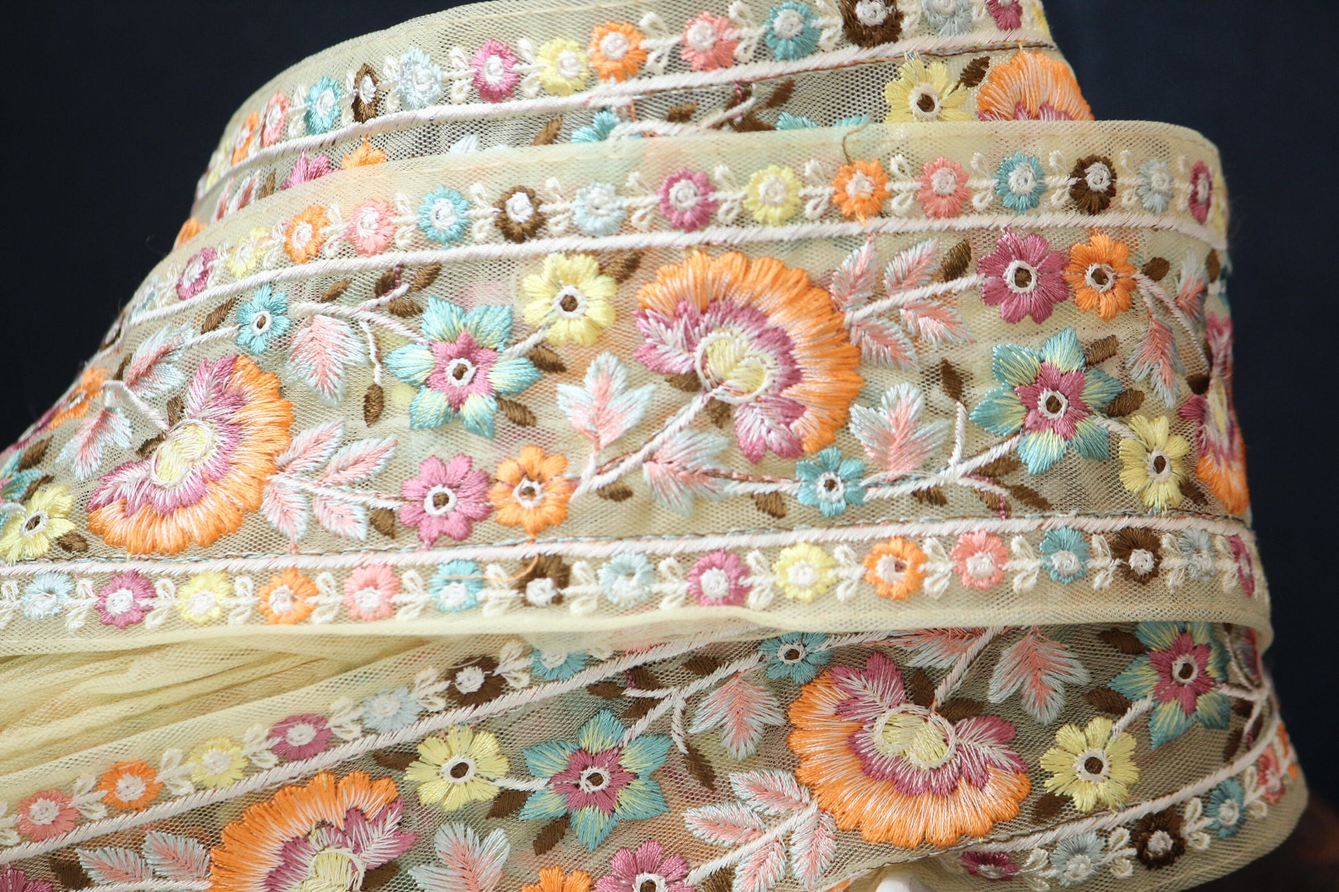 1 yard-Pastel yellow floral thread embroidery extra wide ribbon on pastel yellow mesh fabric-rose pink, orange and blue thread embroidery