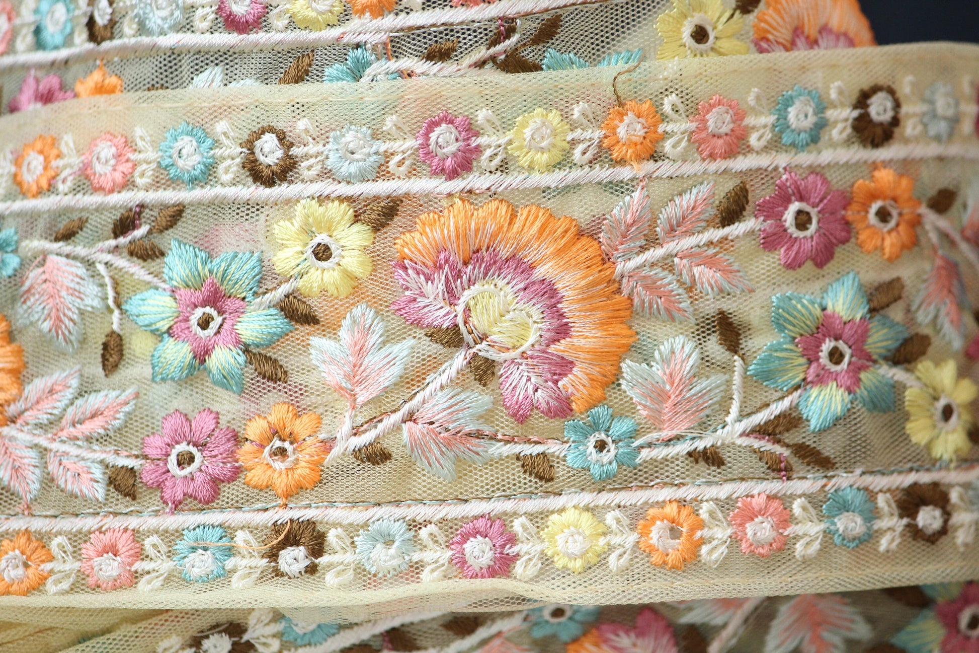 1 yard-Pastel yellow floral thread embroidery extra wide ribbon on pastel yellow mesh fabric-rose pink, orange and blue thread embroidery