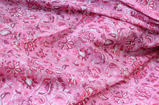 1 yard-Sugar candy pink floral motif hand printed cotton fabric-maroon red flower motif-girls dress fabric/quilting/decor/women's dress