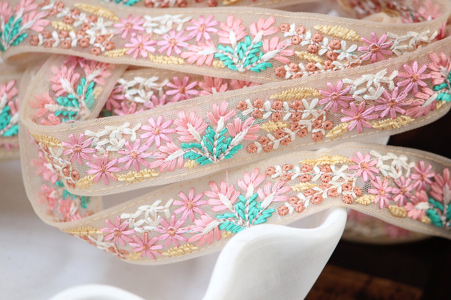 1 yard-Baby pink floral thread embroidery ribbon on pink mesh fabric/bow making ribbon/bag handle trim/Indian colorful trim