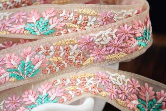 1 yard-Baby pink floral thread embroidery ribbon on pink mesh fabric/bow making ribbon/bag handle trim/Indian colorful trim