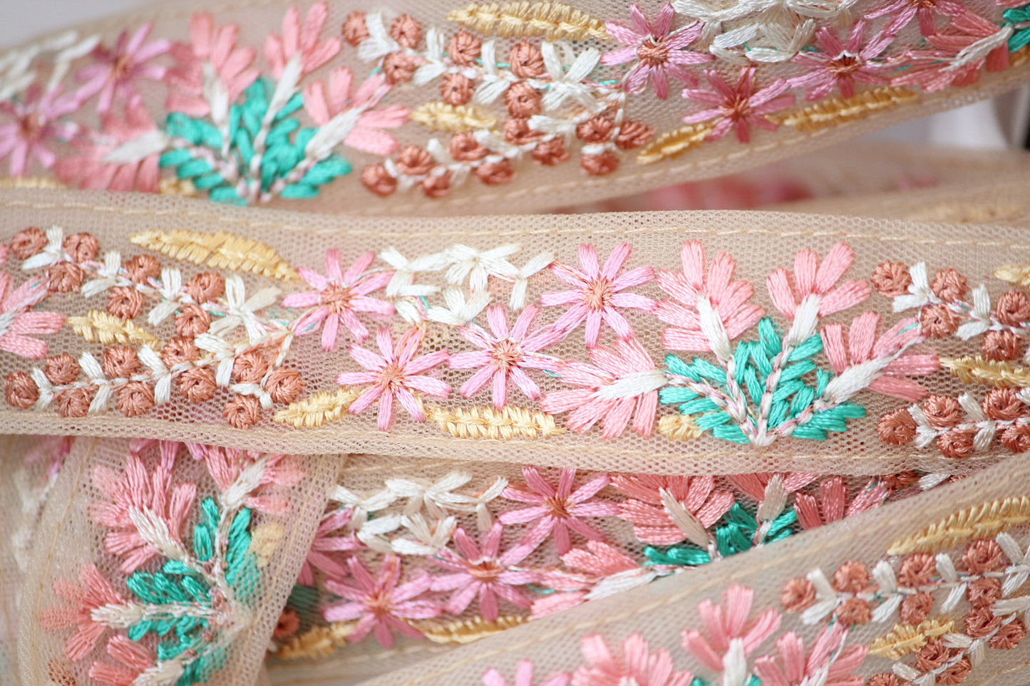 1 yard-Baby pink floral thread embroidery ribbon on pink mesh fabric/bow making ribbon/bag handle trim/Indian colorful trim