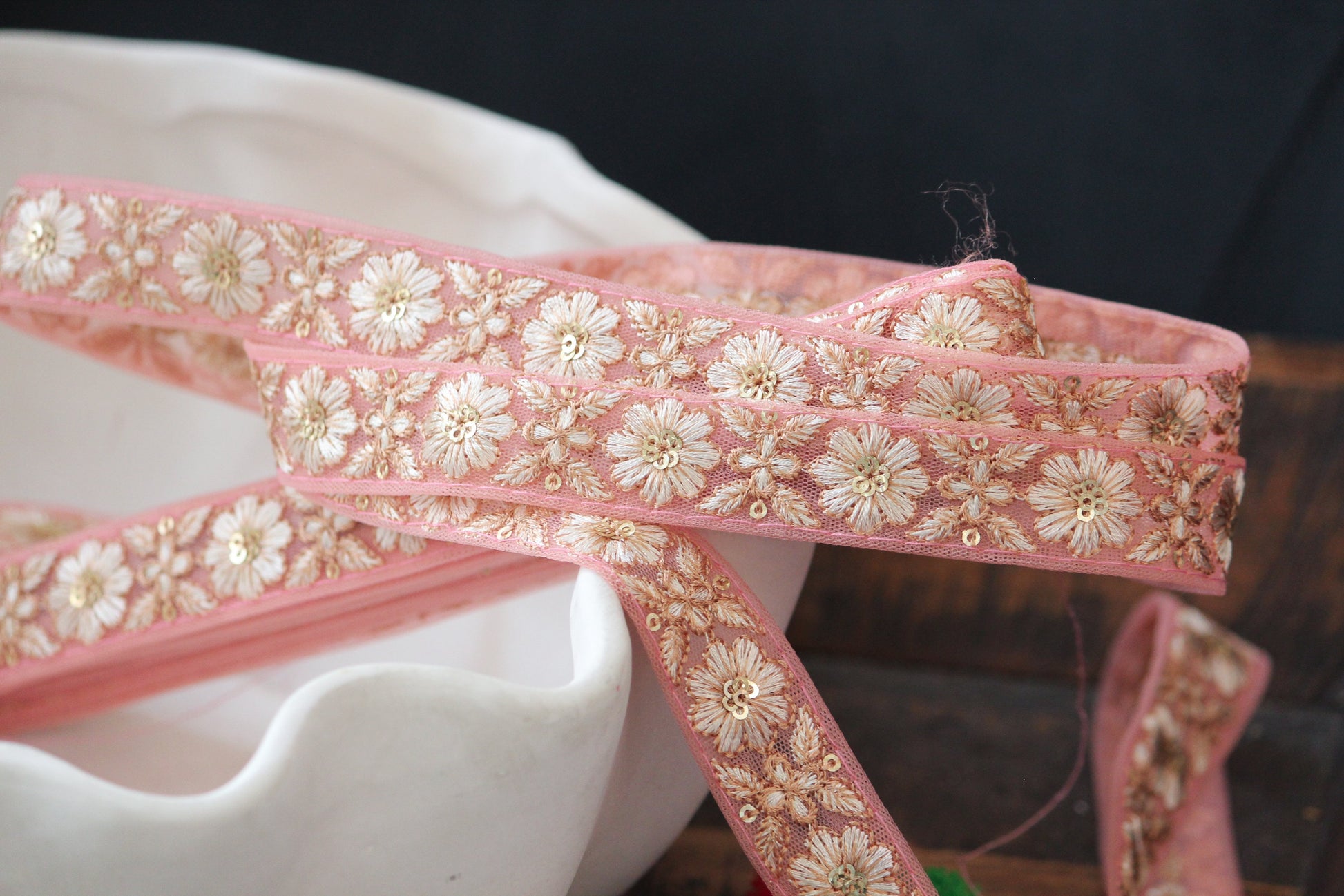 1 yard-Sugar pink floral thread embroidery ribbon on pink mesh fabric/bow making ribbon/bag handle trim/Indian colorful trim