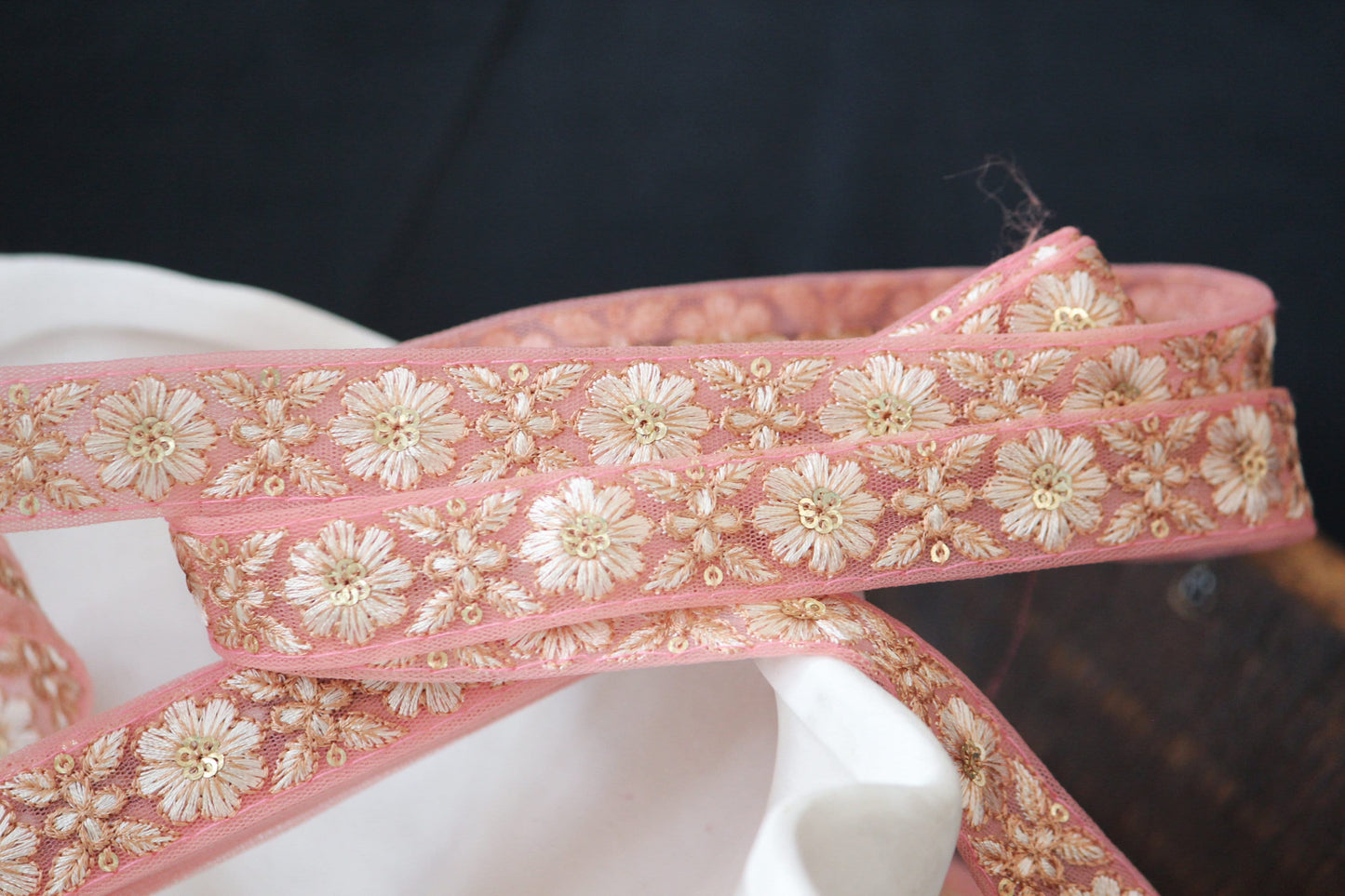 1 yard-Sugar pink floral thread embroidery ribbon on pink mesh fabric/bow making ribbon/bag handle trim/Indian colorful trim