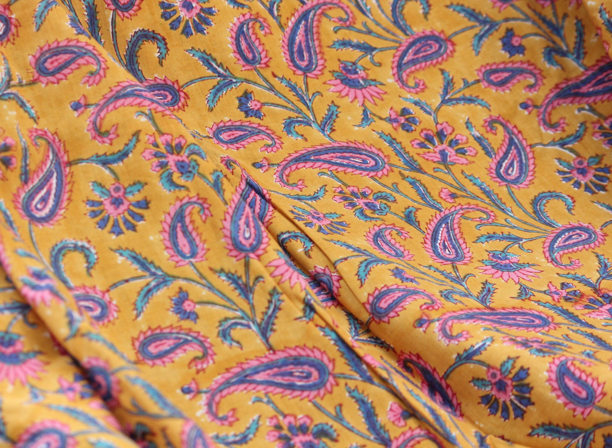 1 yard-Paisley turmeric yellow with purple pink blue floral hand printed cotton fabric -girls dress fabric/quilting/decor/women's dress