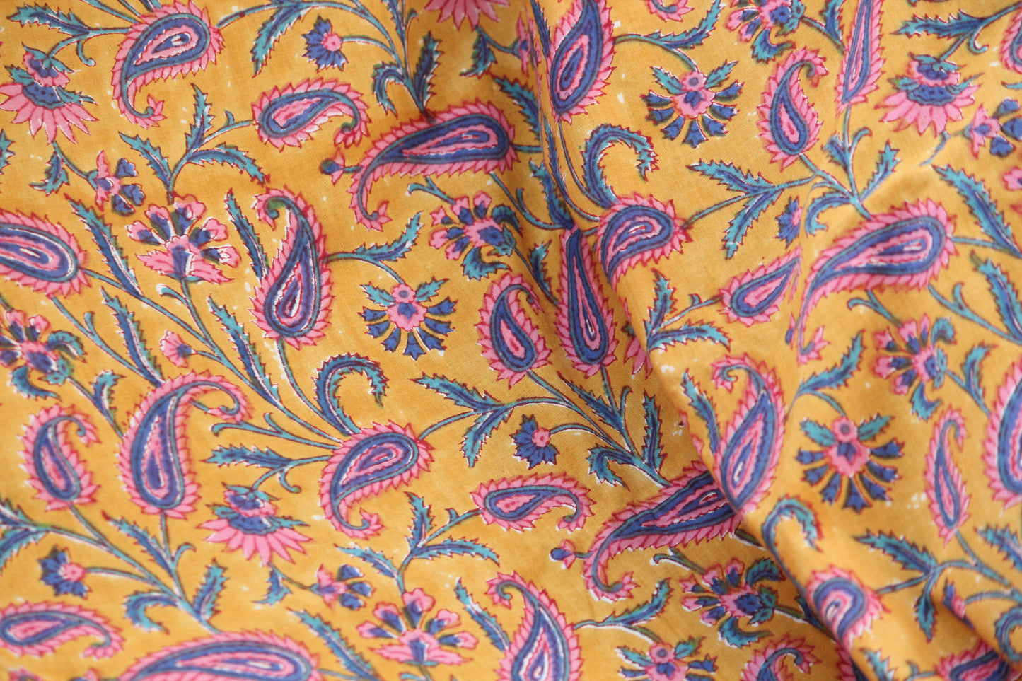 1 yard-Paisley turmeric yellow with purple pink blue floral hand printed cotton fabric -girls dress fabric/quilting/decor/women's dress