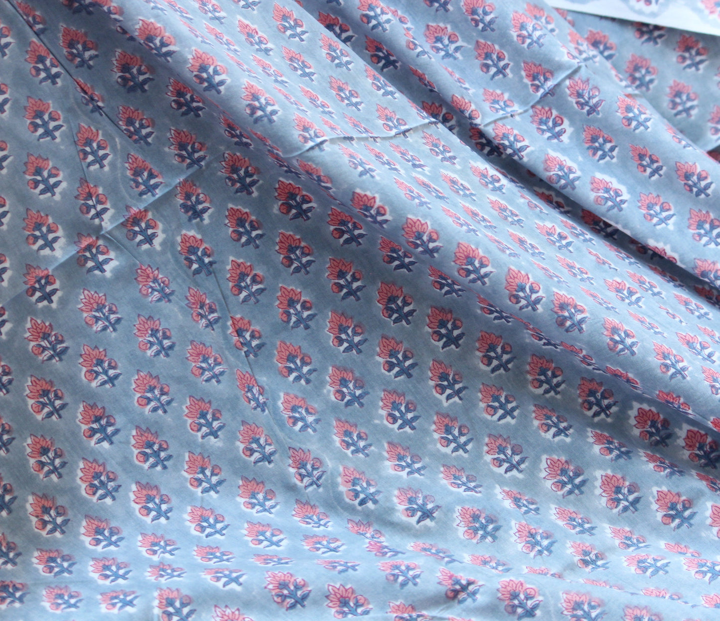 1 yard-Dove grey floral motif hand printed cotton fabric-salmon flower motif with grey background-girls dress fabric/quilting/decor