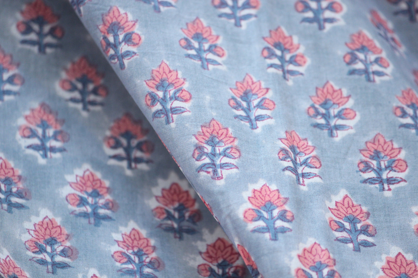 1 yard-Dove grey floral motif hand printed cotton fabric-salmon flower motif with grey background-girls dress fabric/quilting/decor
