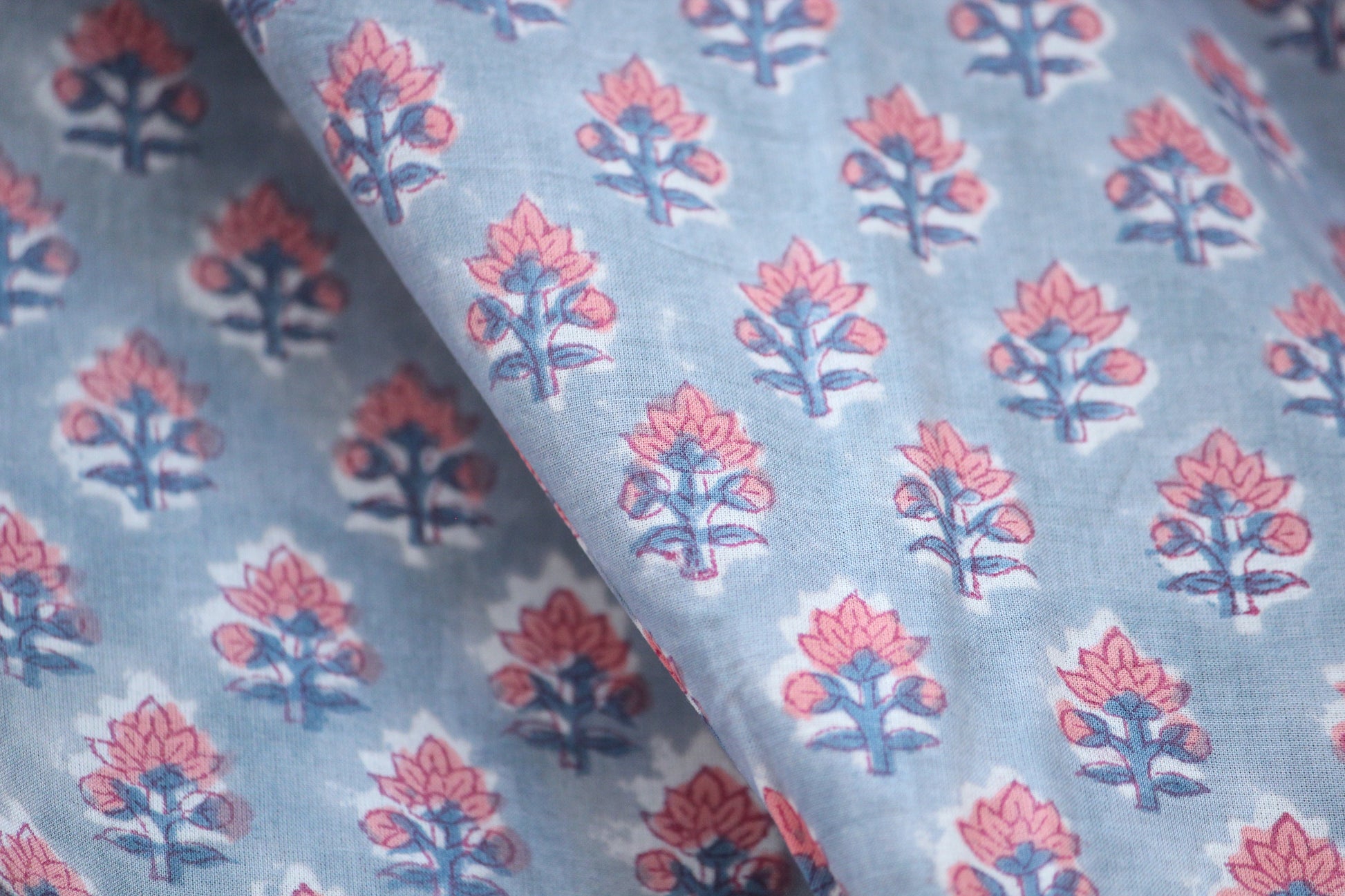 1 yard-Dove grey floral motif hand printed cotton fabric-salmon flower motif with grey background-girls dress fabric/quilting/decor