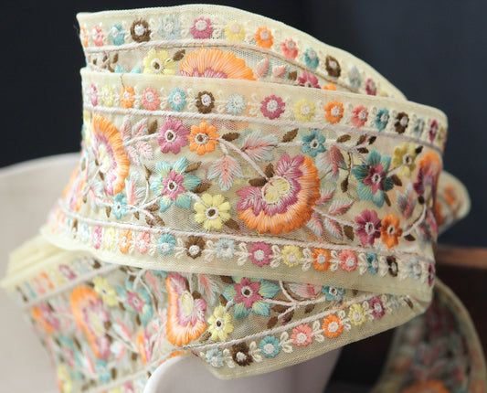 1 yard-Pastel yellow floral thread embroidery extra wide ribbon on pastel yellow mesh fabric-rose pink, orange and blue thread embroidery