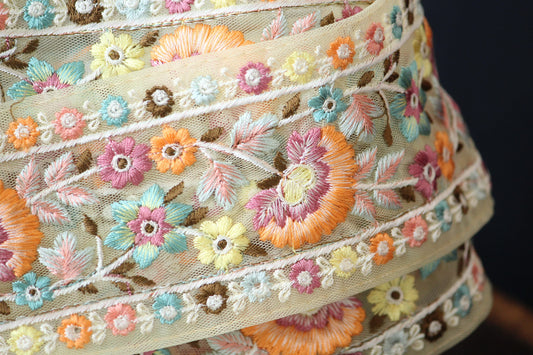 1 yard-Pastel yellow floral thread embroidery extra wide ribbon on pastel yellow mesh fabric-rose pink, orange and blue thread embroidery
