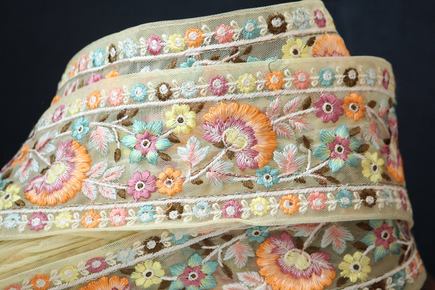 1 yard-Pastel yellow floral thread embroidery extra wide ribbon on pastel yellow mesh fabric-rose pink, orange and blue thread embroidery