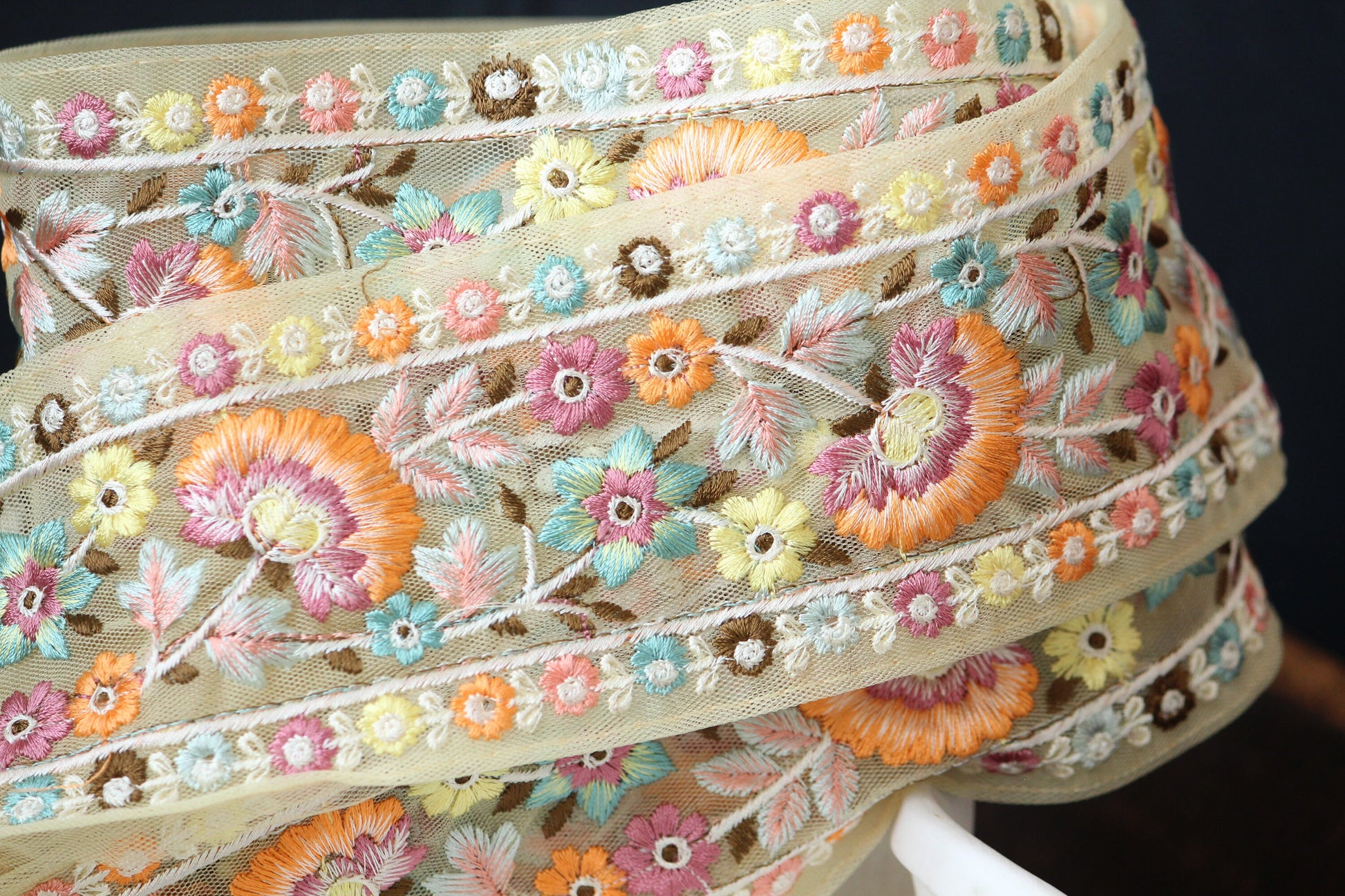 1 yard-Pastel yellow floral thread embroidery extra wide ribbon on pastel yellow mesh fabric-rose pink, orange and blue thread embroidery