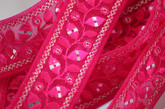 Bright shocking pink fuchsia ribbon with embroidery and faux mirror highlights. Great for sewing projects, bow making, bag handles, camera handles, indian ribbon trim