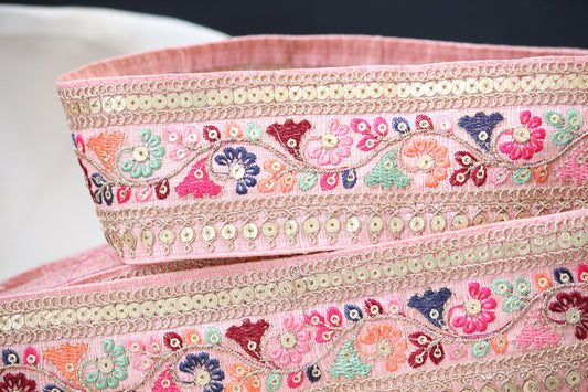 1 yard-Baby pink floral thread embroidery ribbon on pink dupioni fabric/bow making ribbon/bag handle trim/Indian colorful trim