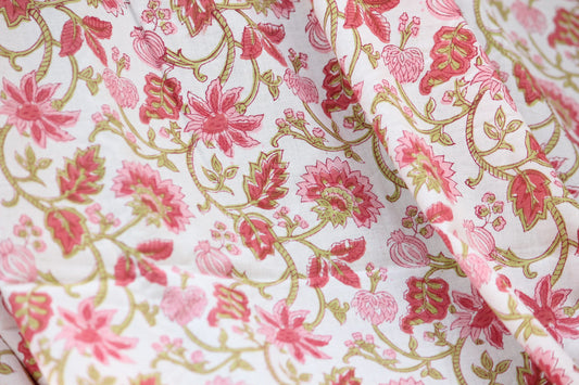 1 yard-Red and pink floral motif hand printed cotton fabric on white background-girls dress fabric/quilting/decor/women's dress