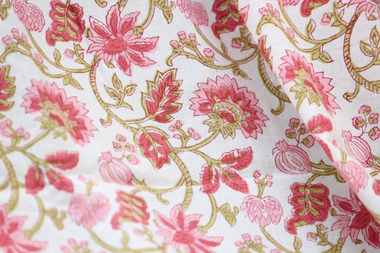 1 yard-Red and pink floral motif hand printed cotton fabric on white background-girls dress fabric/quilting/decor/women's dress