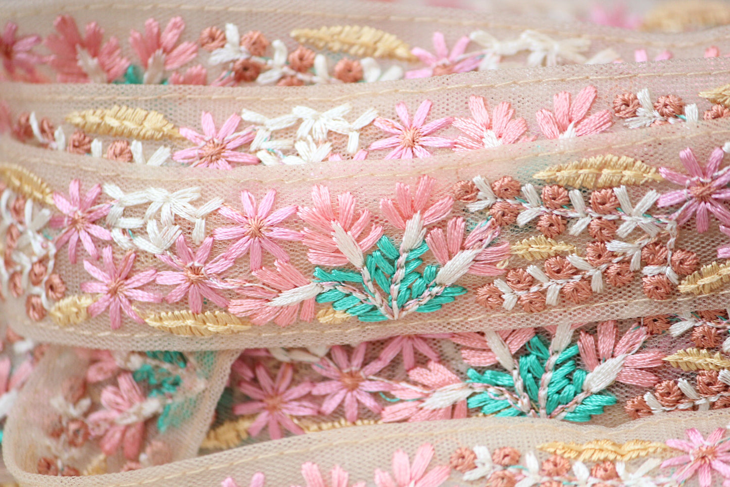 1 yard-Baby pink floral thread embroidery ribbon on pink mesh fabric/bow making ribbon/bag handle trim/Indian colorful trim