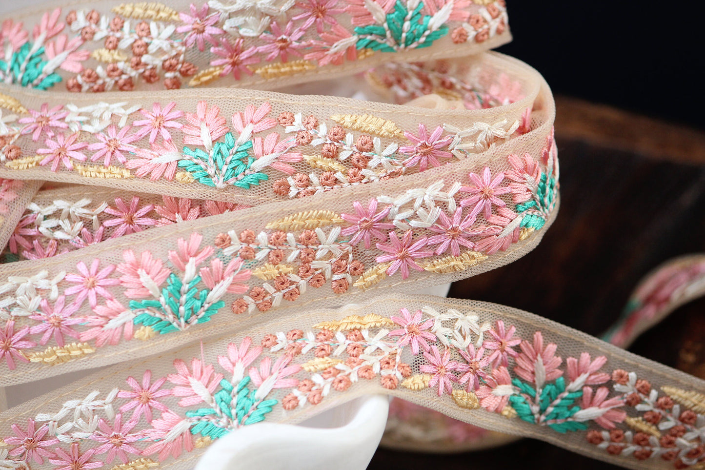 1 yard-Baby pink floral thread embroidery ribbon on pink mesh fabric/bow making ribbon/bag handle trim/Indian colorful trim