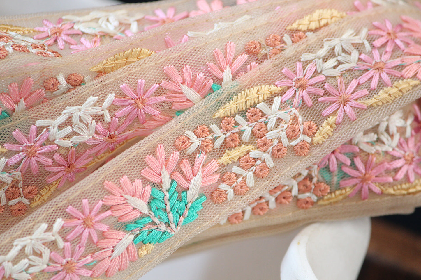 1 yard-Baby pink floral thread embroidery ribbon on pink mesh fabric/bow making ribbon/bag handle trim/Indian colorful trim